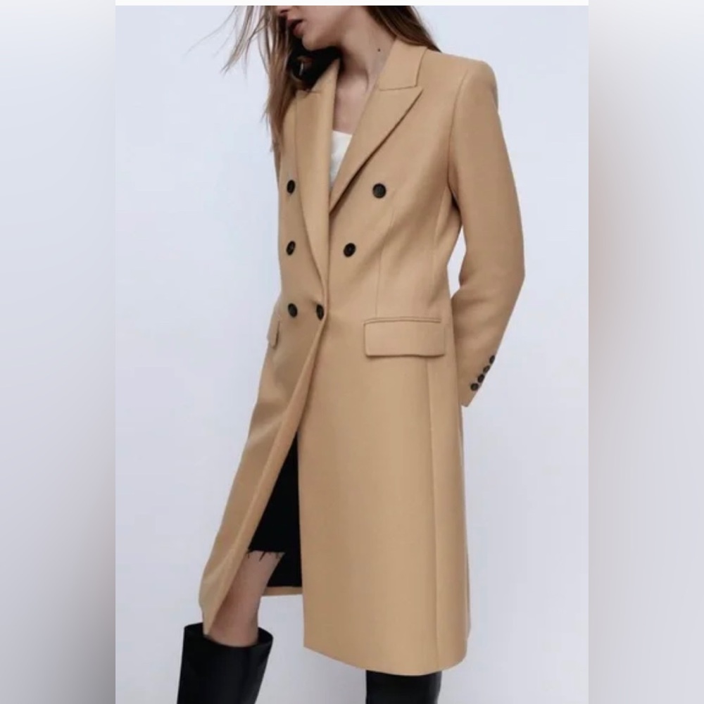 Zara double breasted women long tan coat in size M.